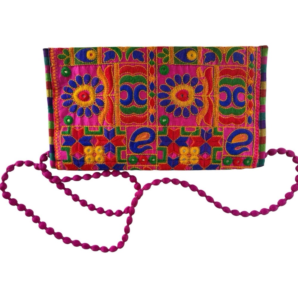Boho Embroidered Clutch Purse Pink Multicolor Ethnic Crossbody Festival Bag - Picture 9 of 9
